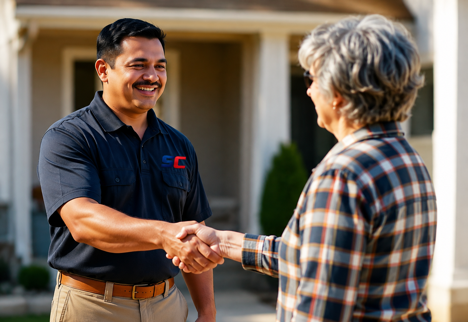 Technician handing warranty paperwork to a happy homeowner