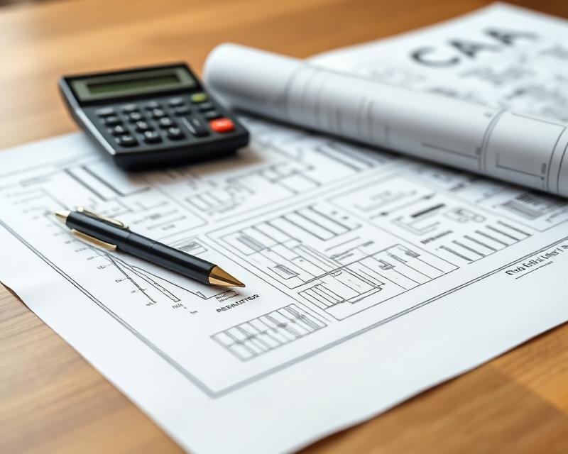 Construction project proposal with blueprints and calculator